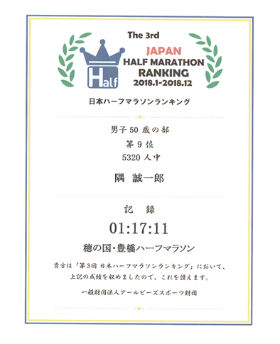 賞状：日本ハーフマラソンランキング2018　男子５０歳の部　９位